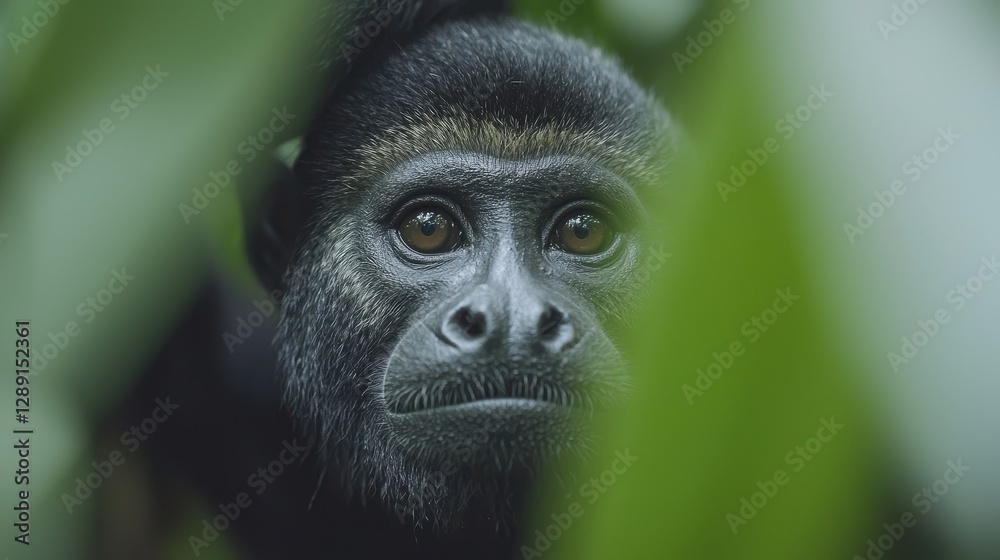 Obraz premium Young howler monkey peering rainforest leaves