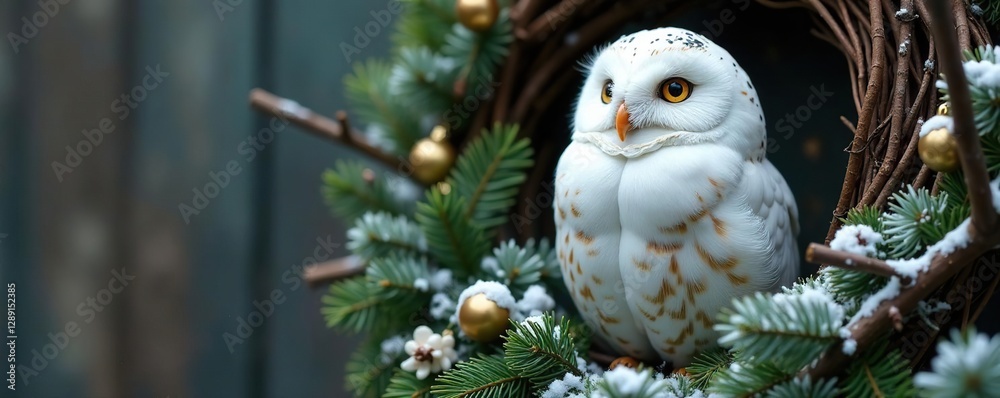 Obraz premium Snowy owl in a rustic winter wreath with twigs, owl, greenery, rustic decor