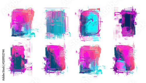 Neon glitch effect vignettes vector with grunge texture, cyberpunk abstract digital aesthetics, futuristic distorted elements, vibrant color splash, transparent background