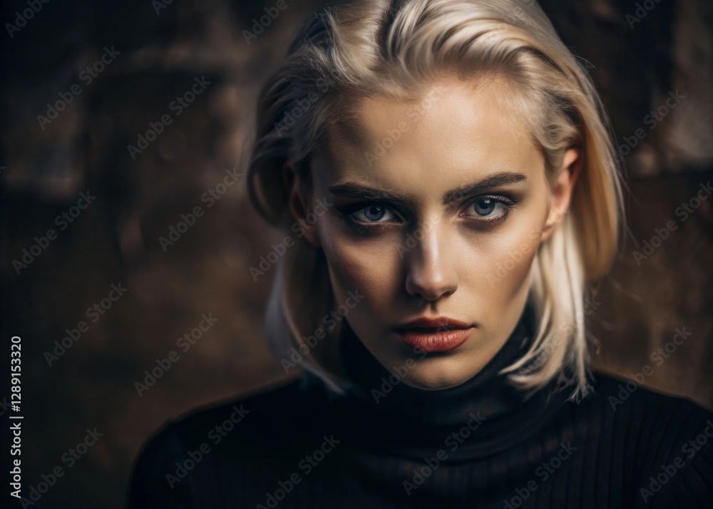 Captivating portrait of young white woman with platinum blonde hair in black turtleneck studio setting fashion photography dramatic lighting Captivating portrait of young white woman with platinum blonde hair in black turtleneck studio setting fashion photography dramatic lighting