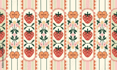 Modern vector illustration of a seamless floral and strawberry pattern, easily editable