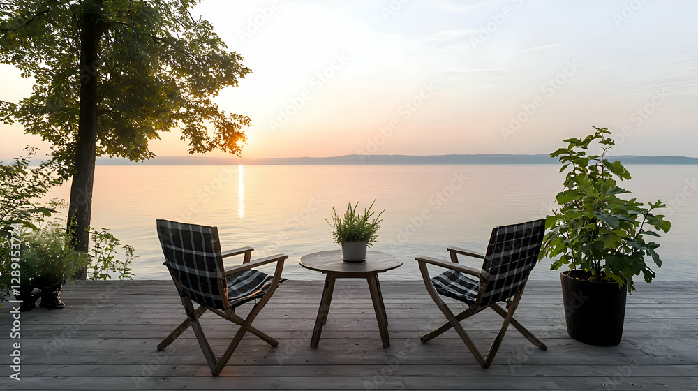 Fototapeta premium Peaceful Sunrise Over a Calm Lake with Chairs and Plants