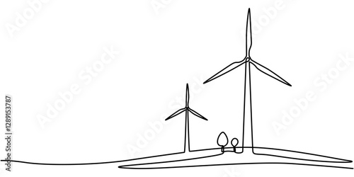 Continuous one line drawing of wind turbines eco energy. simple wind turbines outline vector illustration, Wind mill, wind generator energy, single continuous line art drawing. Windmill tower save pro