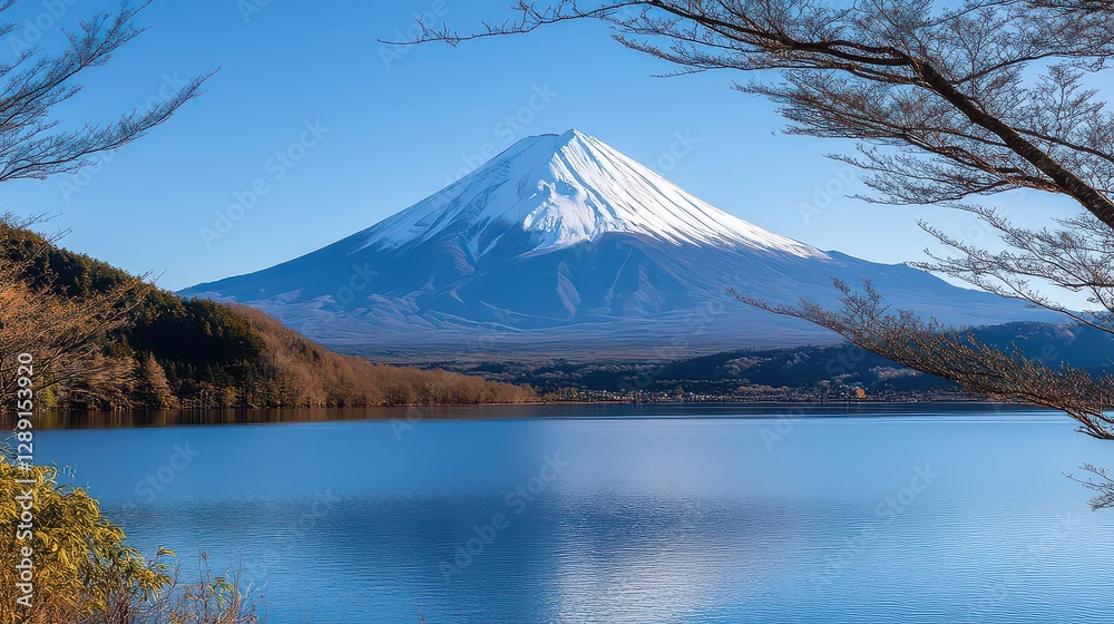 Clear frontal shot of Mt. Fuji's snow-covered peak, standing tall against a bright, cloudless sky, with a foreground of tranquil lakeside scenery. Clear frontal shot of Mt. Fuji's snow-covered peak, standing tall against a bright, cloudless sky, with a foreground of tranquil lakeside scenery.