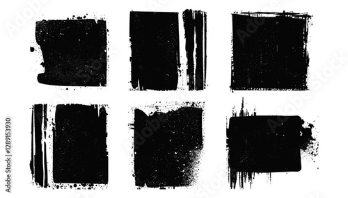 Grunge black ink stamp vector, abstract overprint boxes, distressed texture vignette, transparent background, vintage design, rough print, aged effect, old paper style