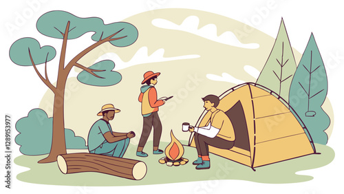 friends camping campers at fire relaxing