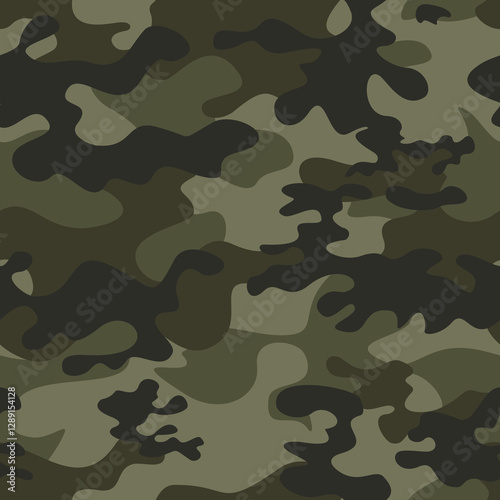 Army camouflage woodland khaki pattern, seamless military background, classic print