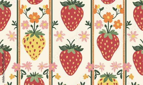 Modern vector illustration of a seamless floral and strawberry pattern, easily editable