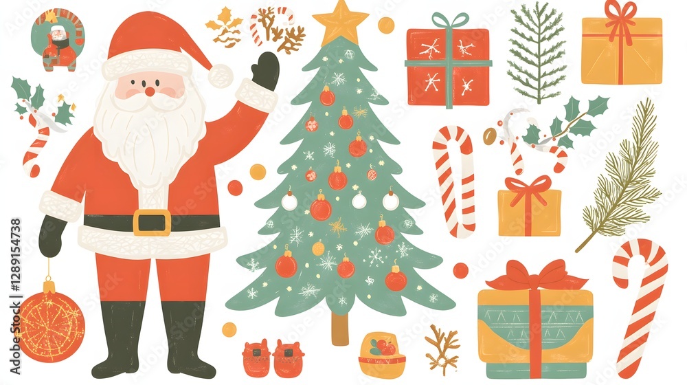 Colorful and Whimsical Christmas Scene Featuring Santa Claus, a Decorated Tree, and Gifts Colorful and Whimsical Christmas Scene Featuring Santa Claus, a Decorated Tree, and Gifts