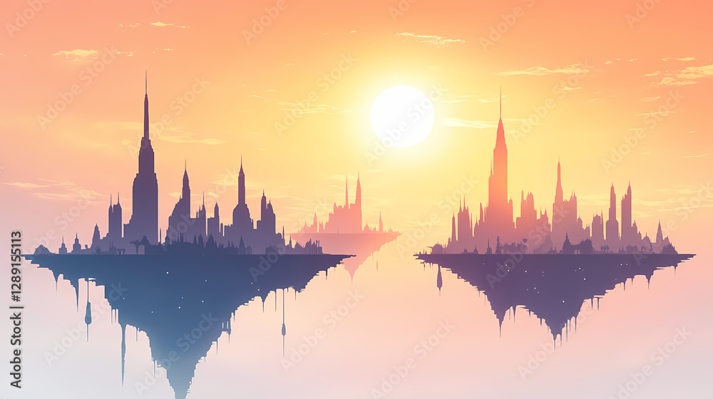 A tranquil minimalist design, fantasy skyline with floating islands and delicate spires, sunlight casting gentle shadows. Minimalist Floating Islands. Illustration A tranquil minimalist design, fantasy skyline with floating islands and delicate spires, sunlight casting gentle shadows. Minimalist Floating Islands. Illustration