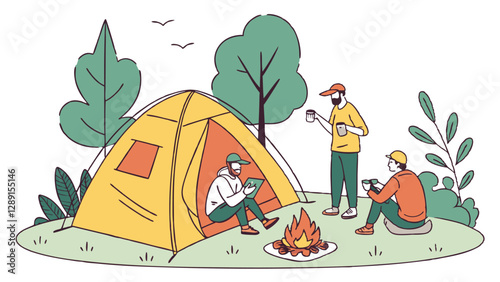 friends camping campers at fire relaxing