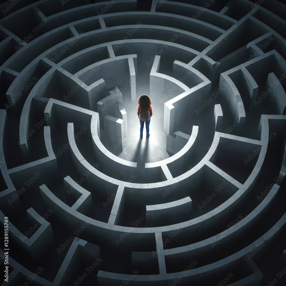Navigating Complexity: A lone figure stands within a complex labyrinth, bathed in a spotlight, symbolizing challenge, problem-solving, and the journey to find a way out. Navigating Complexity: A lone figure stands within a complex labyrinth, bathed in a spotlight, symbolizing challenge, problem-solving, and the journey to find a way out.