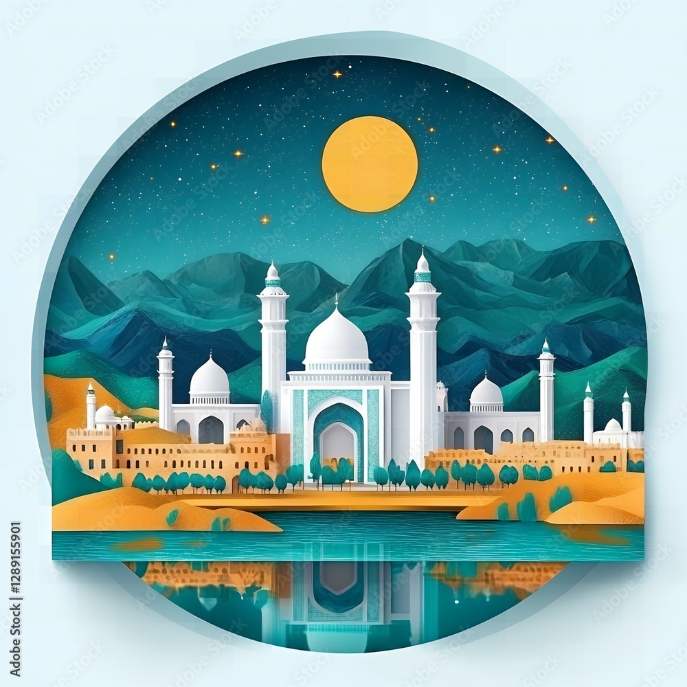 Obraz premium Majestic Mosque at Night Paper Cut Art Style Scenic View of Mountains and Desert Landscape