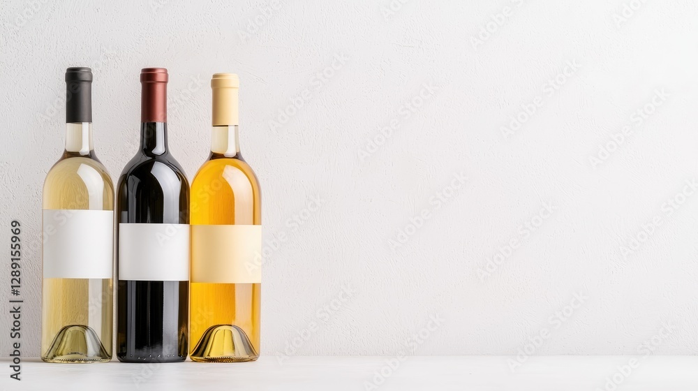Three wine bottles with blank labels on white background