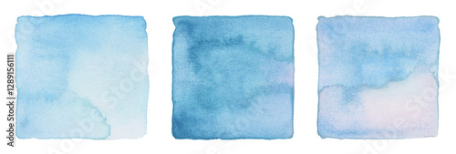 PNG Ink watercolor hand drawn square stain blot. Wet blue pastel color paper texture background. Set.