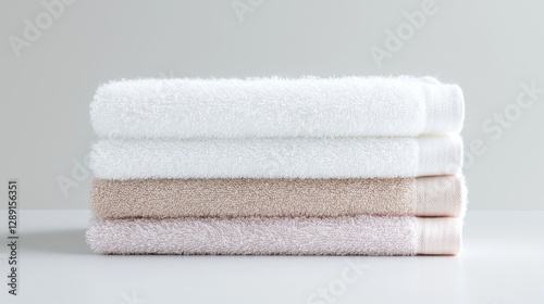 Stacked soft towels, white background, bathroom setting, clean and fresh