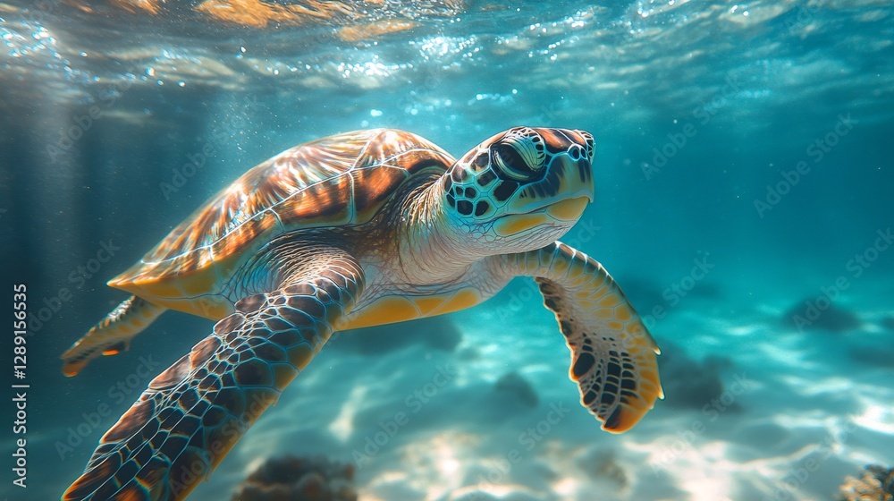 Fototapeta premium Sea turtle swimming in turquoise water near ocean surface
