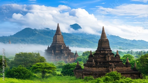 Ancient Pagodas Emerging from Morning Mist in Serene Landscape