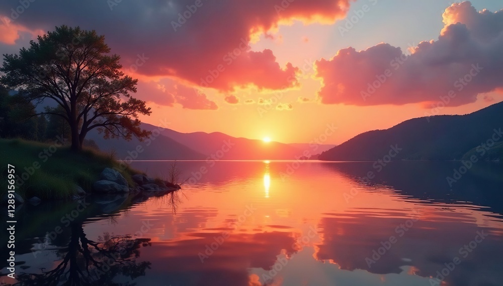Fototapeta premium Sunset over a still and tranquil lake surface, warmth, peaceful