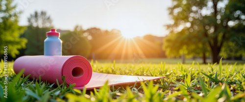 Yoga mat and water bottle in sunlit park, fitness preparation