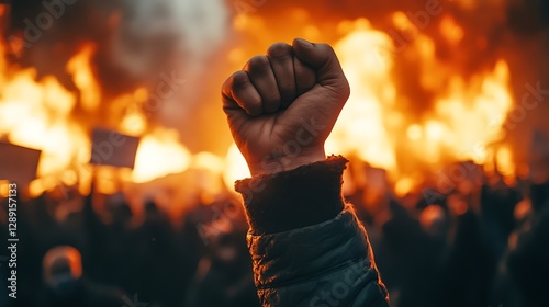 Raised fist in protest against burning background.