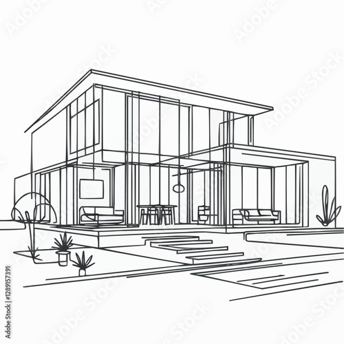 Minimalist line art illustration of a modern house with large windows and landscaping