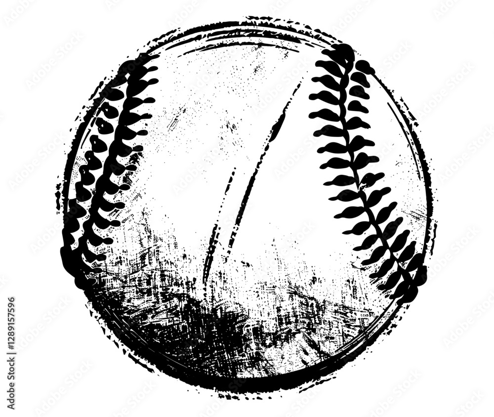 Vector baseball ball, vintage stencil stamp, distressed grunge texture, isolated transparent background, old-school baseball logo, classic sports emblem, worn baseball print