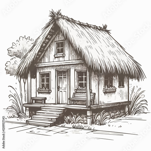 Hand-drawn thatched roof cottage illustration surrounded by greenery and plants on a white background

