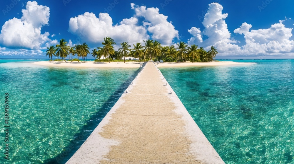 Obraz premium Wooden pier leading to tropical island paradise in the maldives