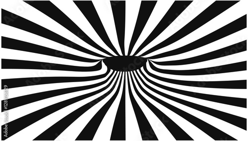 Optical illusion with warped wormhole effect in center, black and white stripe pattern, abstract tunnel, vortex background, wavy lines, futuristic swirl, spiral effect