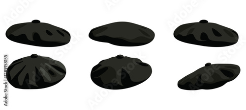 Black beret hat vector, isolated on transparent background, different angles, classic fashion accessory, stylish cap, military beret, trendy headwear, elegant black hat