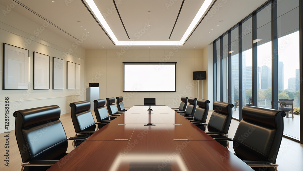 This modern conference room has a long, polished wooden table surrounded by black leather chairs. This modern conference room has a long, polished wooden table surrounded by black leather chairs.