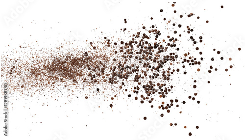 Ground black pepper scattered, spice flying, vector, isolated on white, crushed seasoning, aromatic spice, culinary ingredient, peppercorn dust, cooking spice, herbal seasoning