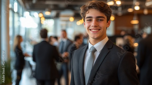Smiling Young Businessman in Modern Office with Blurred Background