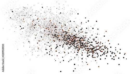 Scattered ground black pepper, spice flying, vector, isolated on white, crushed peppercorn, seasoning, culinary spice, aromatic powder, kitchen ingredient, cooking flavor