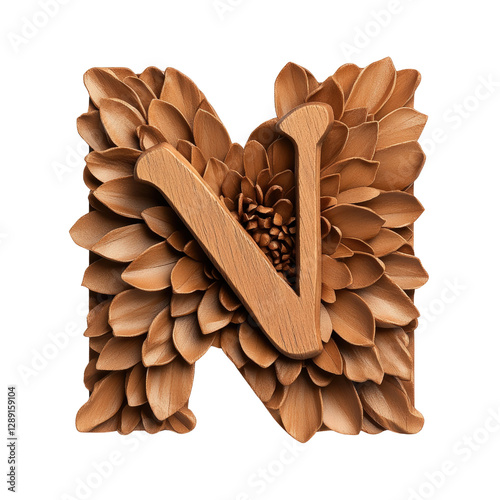 Wooden letter v with a colorful flower arranged on top of it on a wooden surface isolated on transparent background..