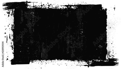 Grunge black rectangle vector background with paint roller marks on transparent backdrop, rough brush stroke, distressed ink frame, scratch effect, overlay, abstract texture