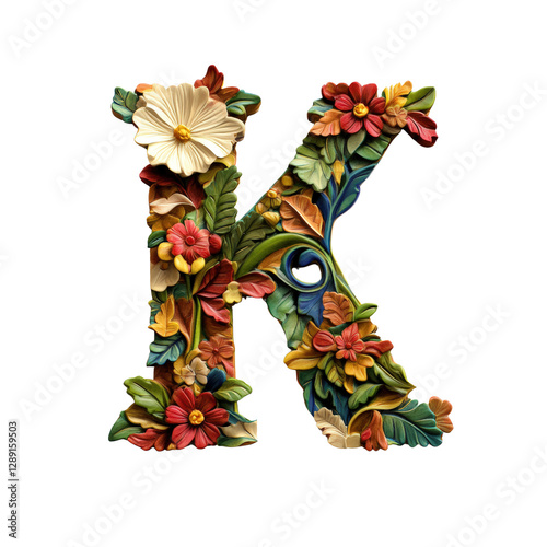 Colorful floral letter k with bright flowers and leaves on white background isolated on transparent background..