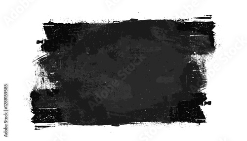 Vector grunge black rectangle background with paint roller marks on transparent backdrop, abstract ink texture, rough brush stroke, empty frame, distressed effect