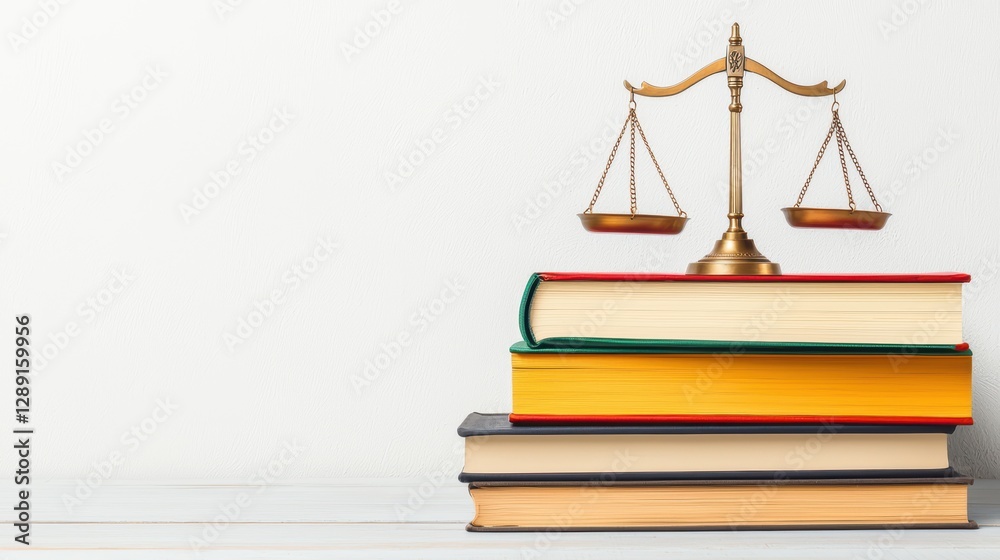 Stacked Law Books on Wooden Shelf with Scales of Justice Element Stacked Law Books on Wooden Shelf with Scales of Justice Element