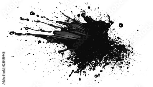 Black ink splash vector isolated on white or transparent PNG, abstract liquid splatter, paint blot, grunge stain, artistic drop, watercolor splash, messy ink blotch, creative splatter