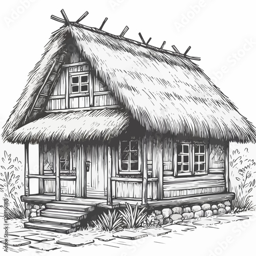 Hand-drawn rustic house illustration with thatched roof and wooden details
