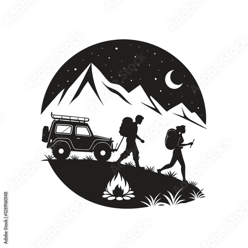 Trekking traveler, 4x4 auto, travel tent, bonfire silhouettes set. Mountaineer climber hiker people backpacker. Male female hiker with backpack. Adventure  black silhouettes vector art