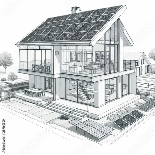 Architectural sketch of a modern sustainable house with solar panels