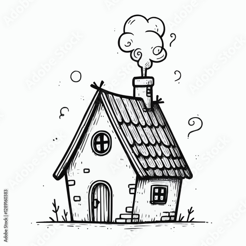 Hand-drawn illustration of a cozy cottage with smoke coming from the chimney, concept
