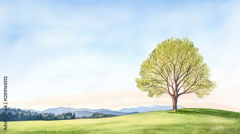 Fototapeta premium Serene Watercolor Landscape with Tree and Soft Morning Sky