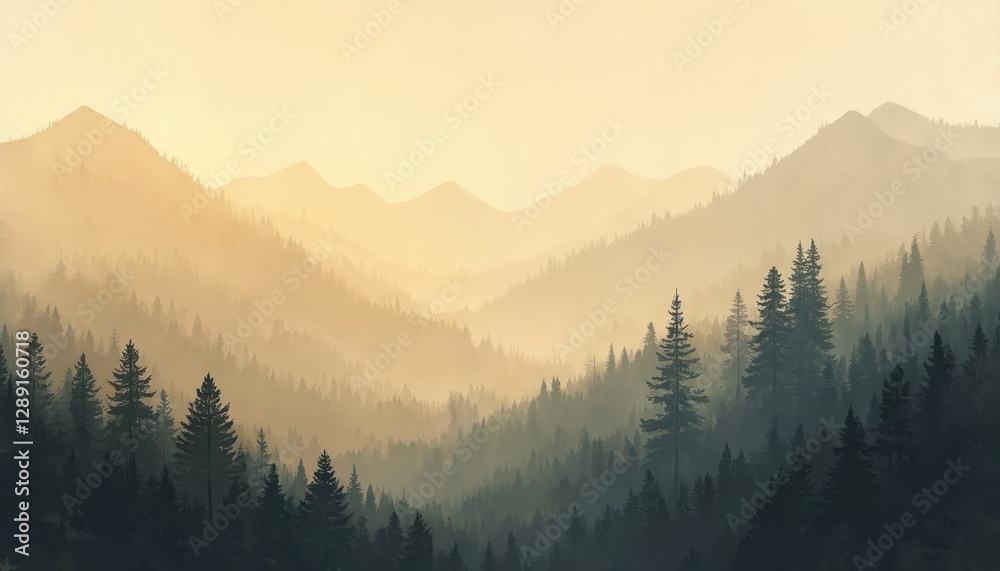 Fototapeta premium Misty landscape featuring golden mountains, dense forest for nature art prints. Calming hills, trees silhouettes, scenic wilderness. Peaceful atmospheric background, hillside inspiration, light
