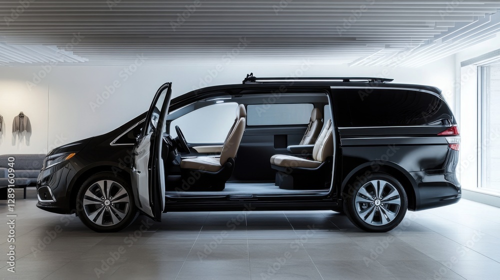 A car showroom featuring luxury hybrid minivans. Featuring comfort and sustainability A car showroom featuring luxury hybrid minivans. Featuring comfort and sustainability