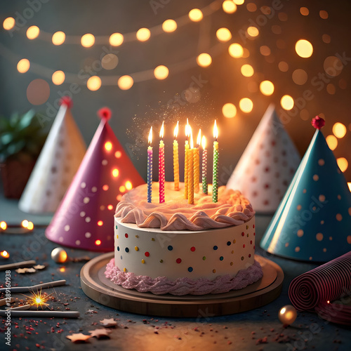 Festive Birthday Cake with Candles and Party Hats