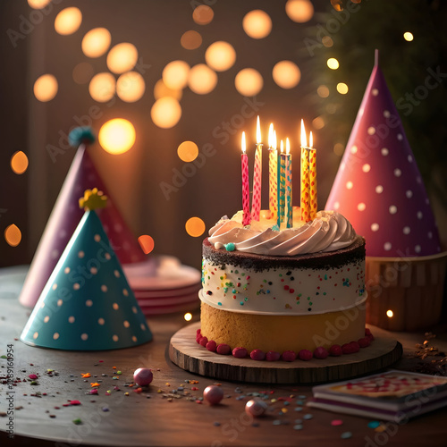 Festive Birthday Cake with Candles and Party Hats